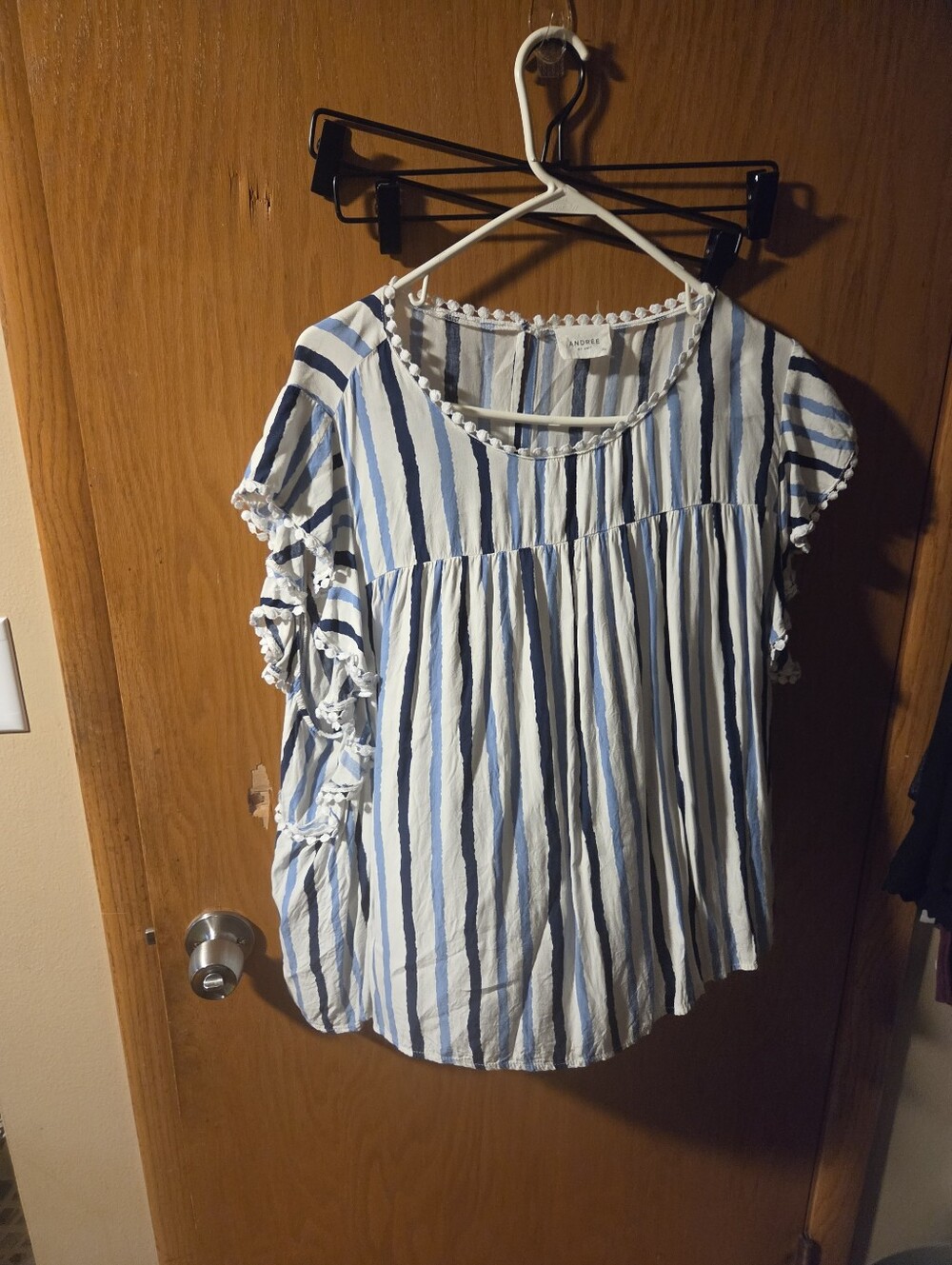 Andree Blue and White Striped Ruffle Sleeve Blouse